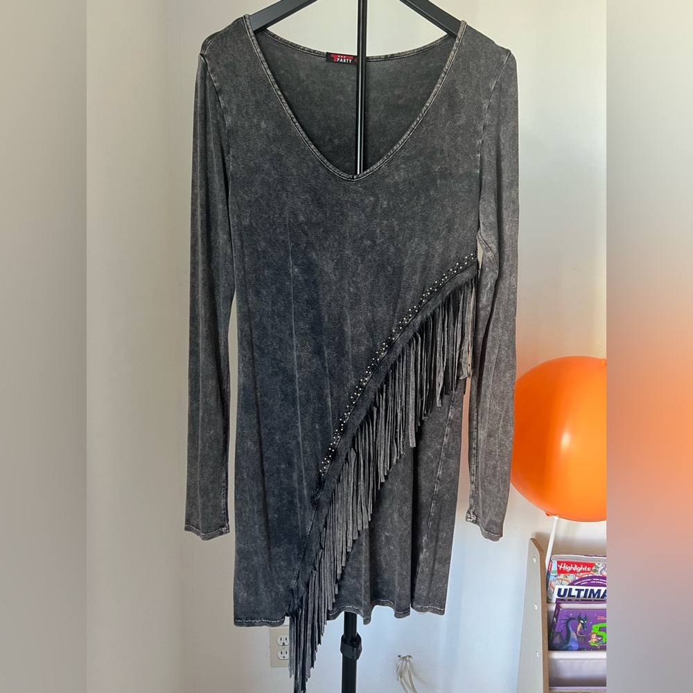 T-Party Charcoal Long Sleeve Fringe Dress with Studs - Size M - Picture 7 of 14
